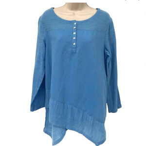 Soft Surroundings Womens Blue Breezy Nights Linen Blend Tunic Top